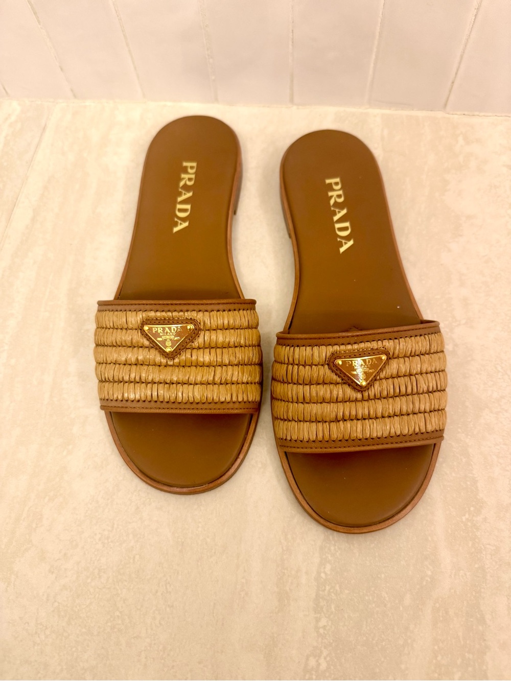 PRADA Triangle Logo Raffia flat slide sandals - Picture 2 of 8